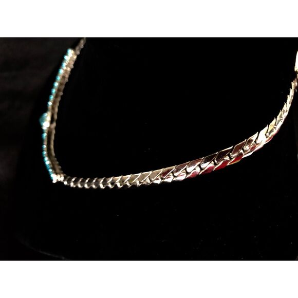 Vintage Aqua Rhinestone Choker on Heavy Silver-Tone Serpentine Omega Chain 1940s - Picture 10 of 11